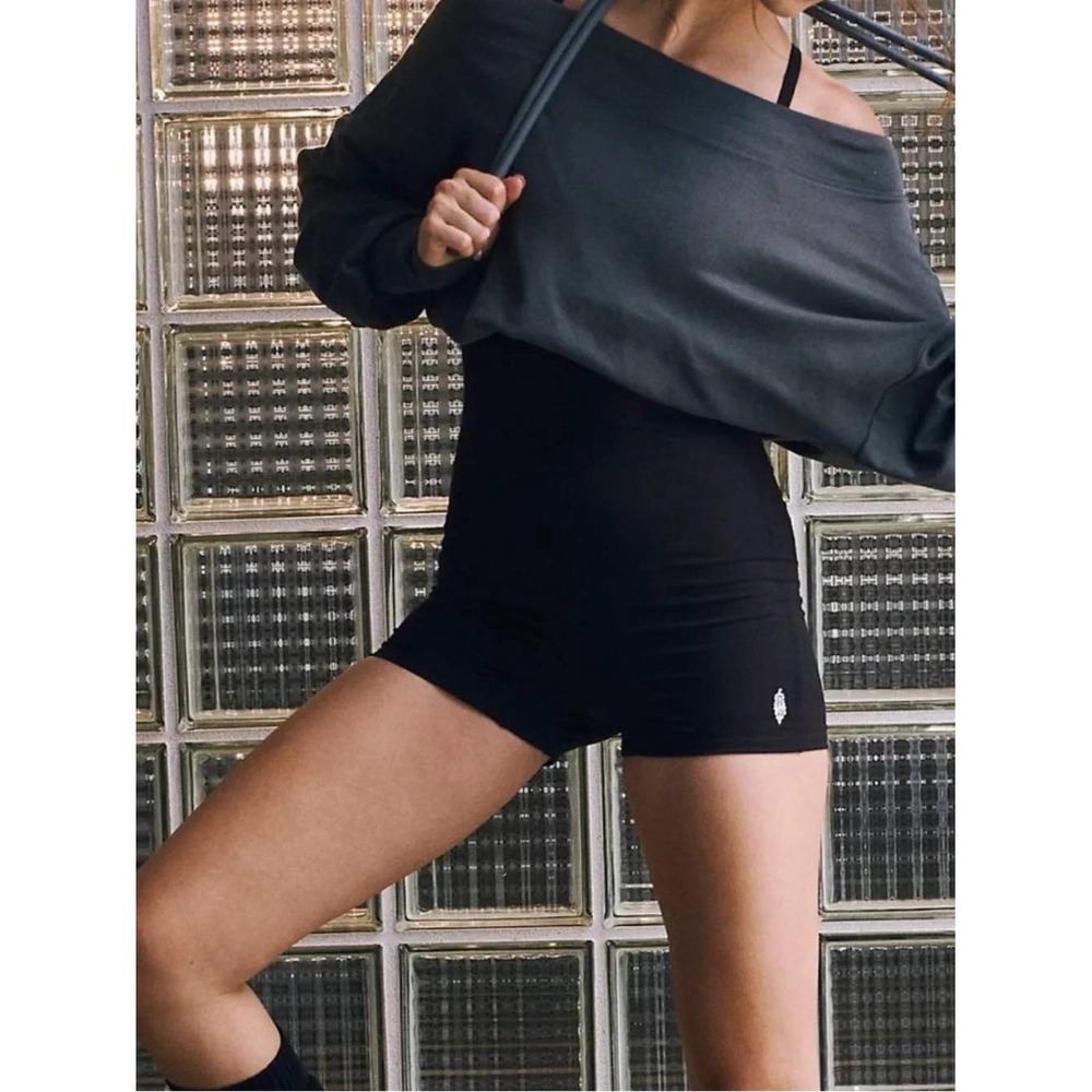Free People Movement Guiding Light Shortsie Black Combo Off Shoulder OB2069711 S